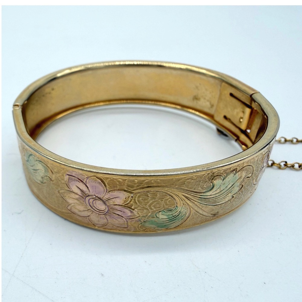 Vintage Cuff Bracelet Gold Toned Hinged Floral Engraved Push Lock Clasp Unmarked